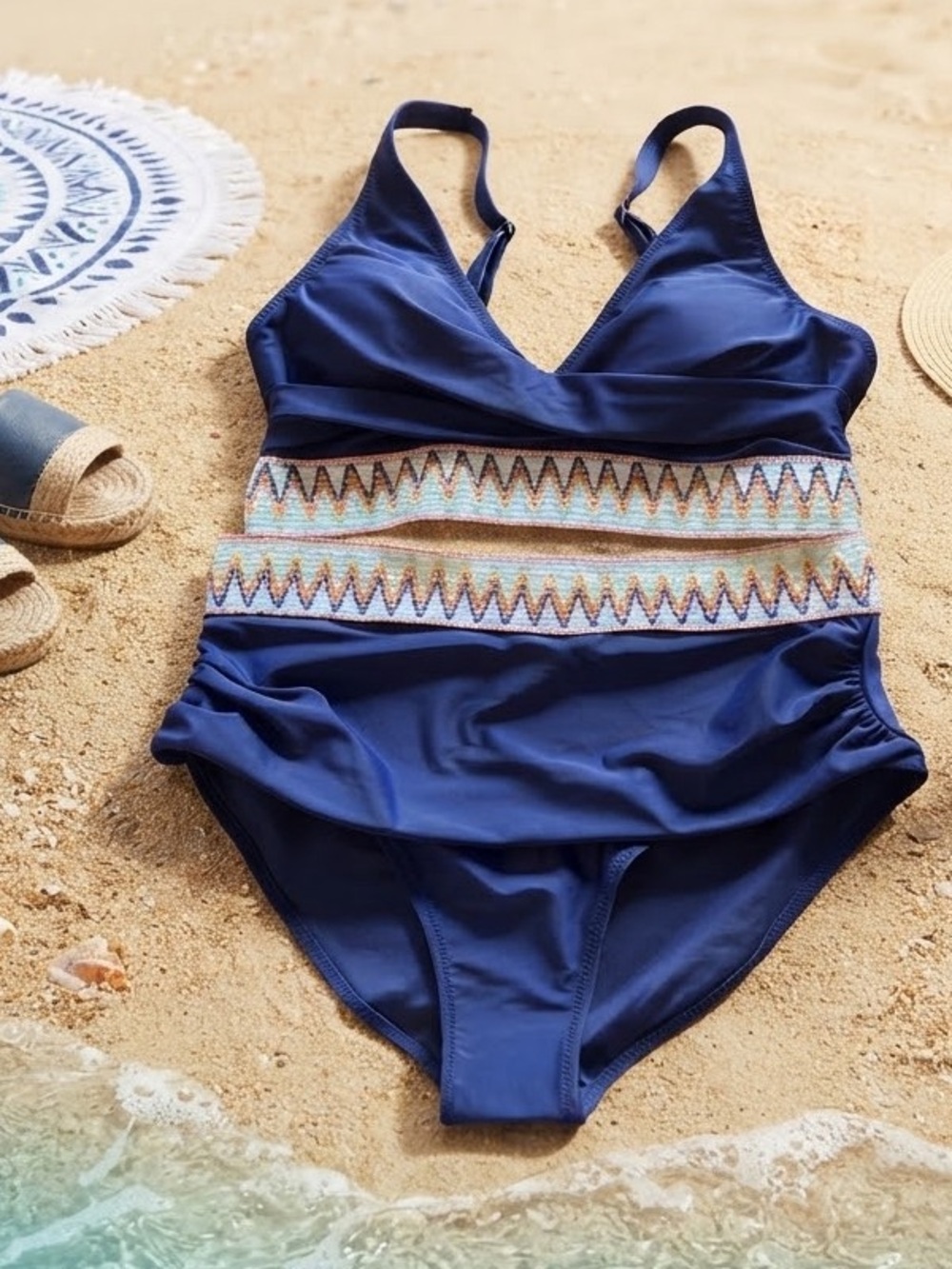 Blooming Jelly Blue High Waist Bikini Swimsuit L Aztec Trim NWT Beach Cruise